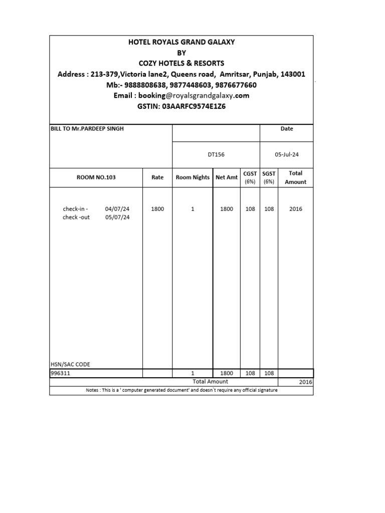 Hotel Bill for Room 103 - July 2024 | PDF