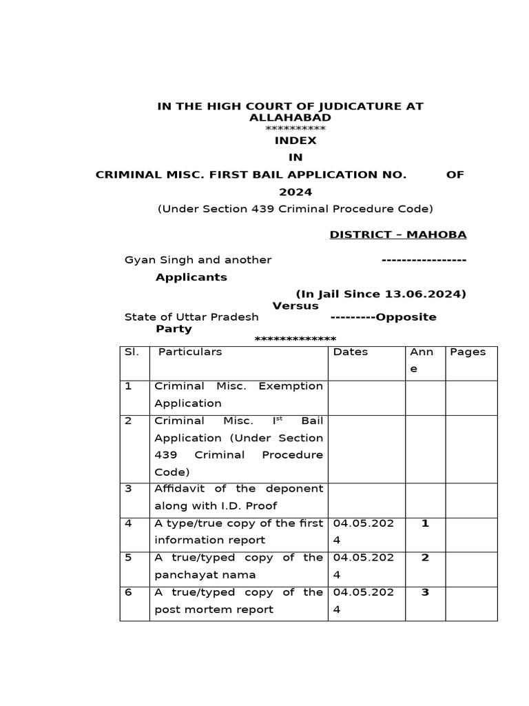 Bail Application in Allahabad HC 2024 | PDF | Affidavit | Bail