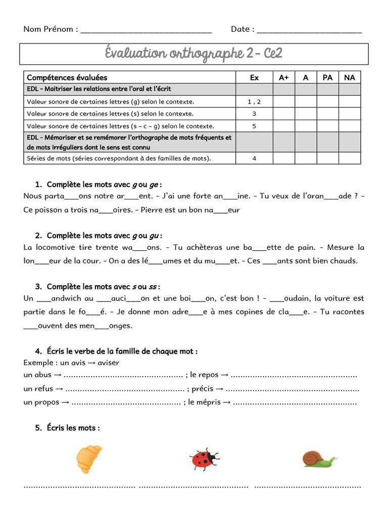 Évaluation d'orthographe CE2 | PDF