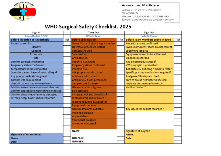 WHO Surgical Safety Checklist | PDF | Anesthesia | Medicine