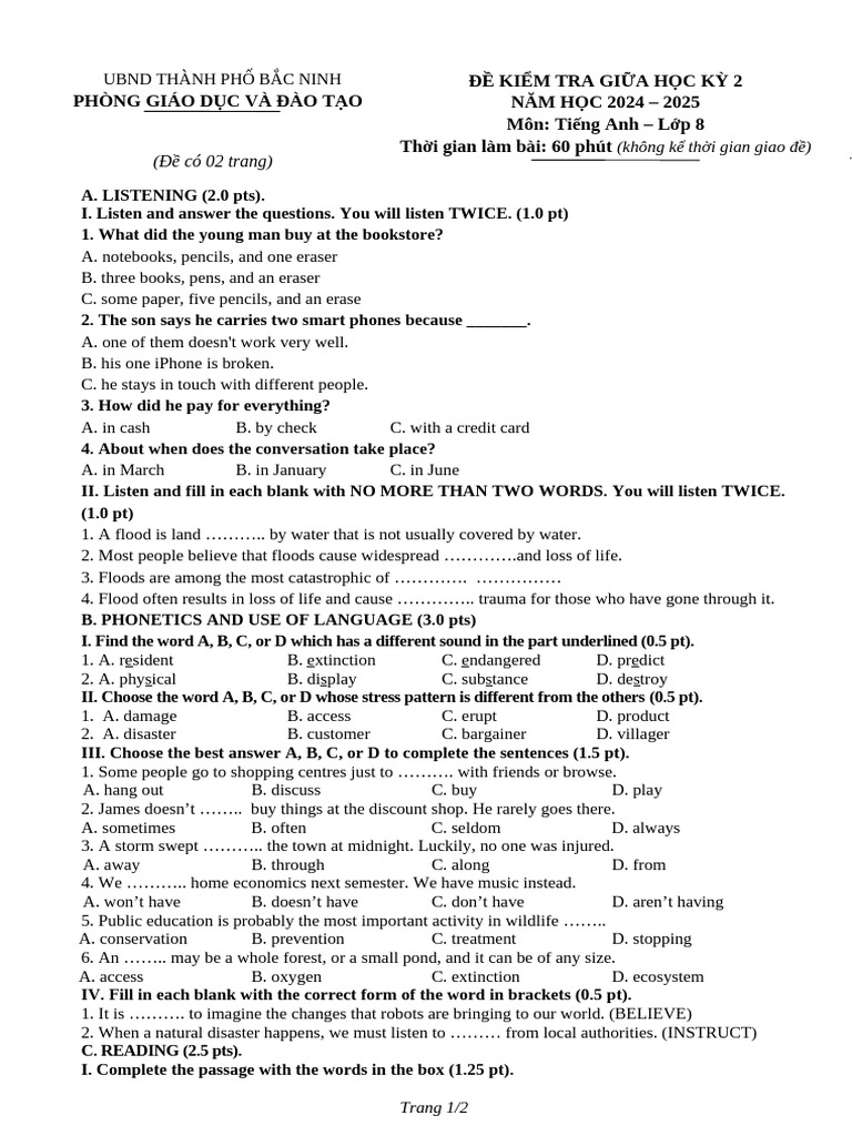 English Test for 8th Grade Students | PDF