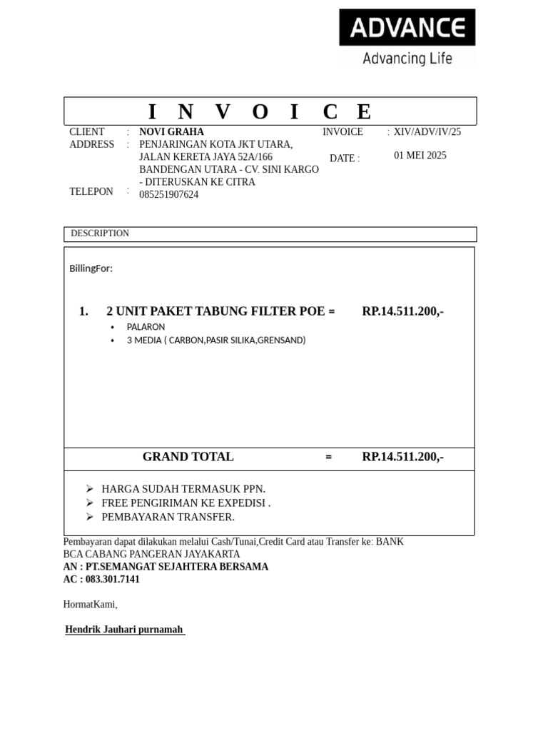 Invoice Pembelian Paket Filter POE | PDF