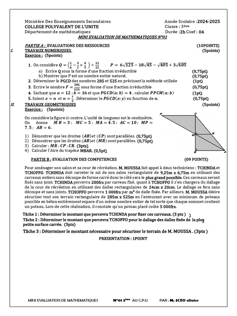 Mini Évaluation Mathématiques 3ème 2024-2025 | PDF | Mathématiques ...