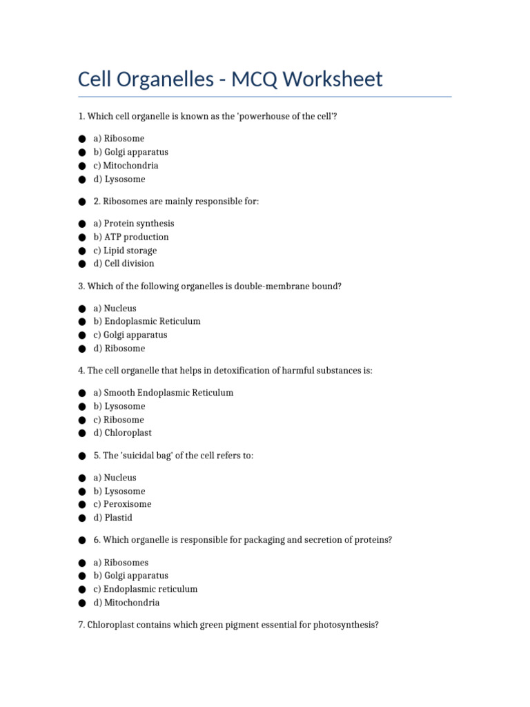 Cell Organelles MCQs | PDF
