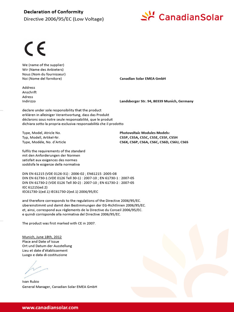 Déclaration de conformité CE 2006/95/EC | PDF