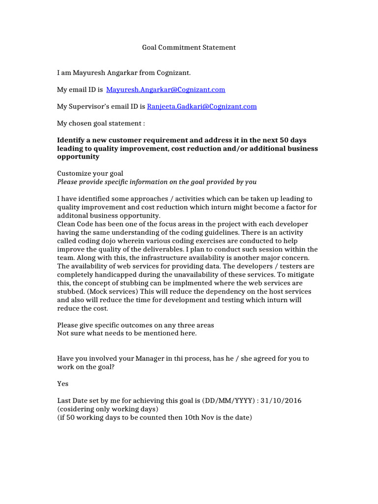 Goal Commitment Statement | PDF