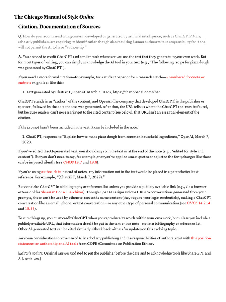 Chicago Style - Generative AI As of 8-16-23 | PDF | Citation | Human ...