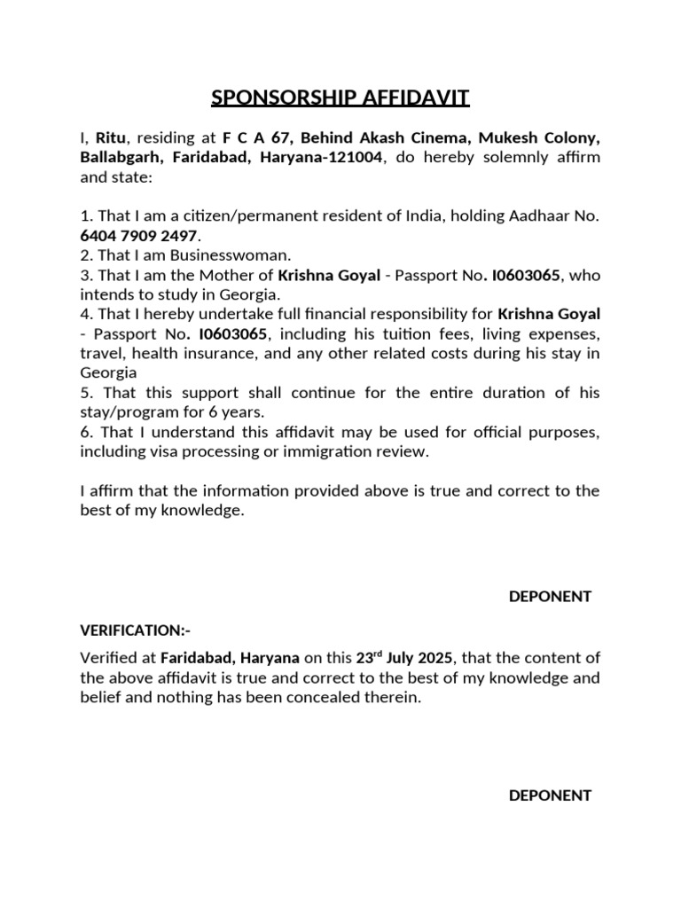 Sponsorship Affidavit for Study Abroad | PDF