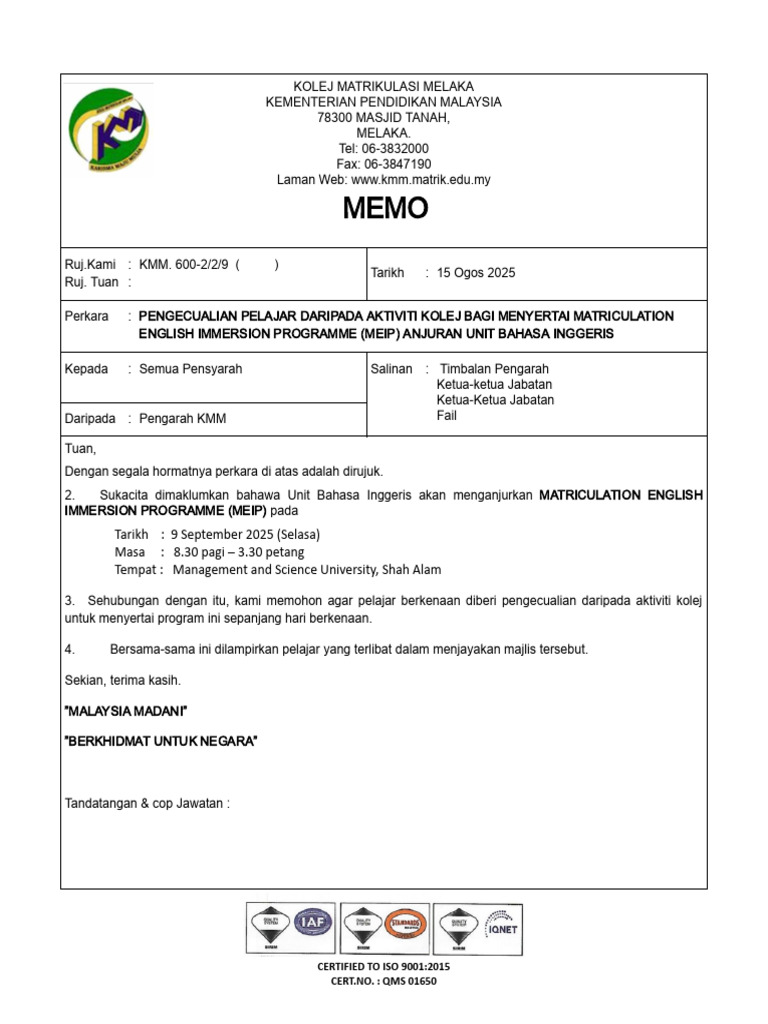 Memo Pengecualian Pelajar MEIP 2025 | PDF