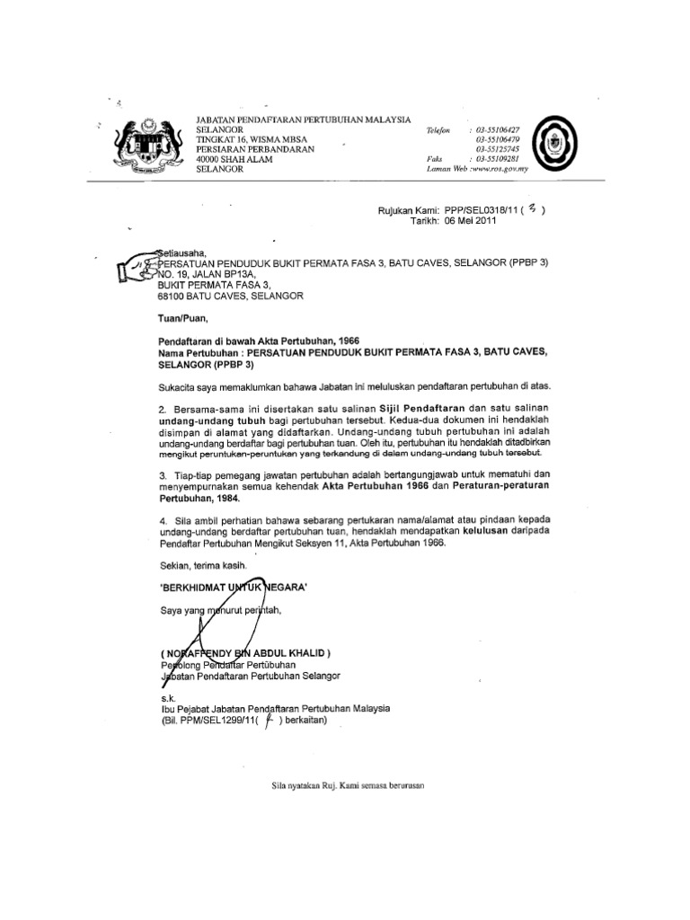Pendaftaran Persatuan Penduduk PPBP 3 | PDF