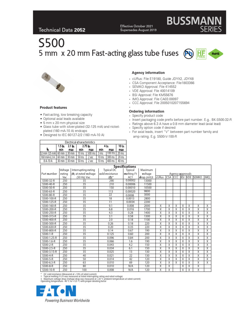 S500 Fast-Acting Glass Tube Fuses | PDF | Fuse (Electrical) | Power ...