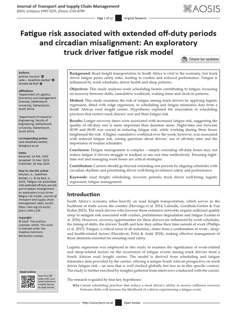 Fatigue Risk Associated With Extended Off-Duty Per | PDF | Truck Driver ...