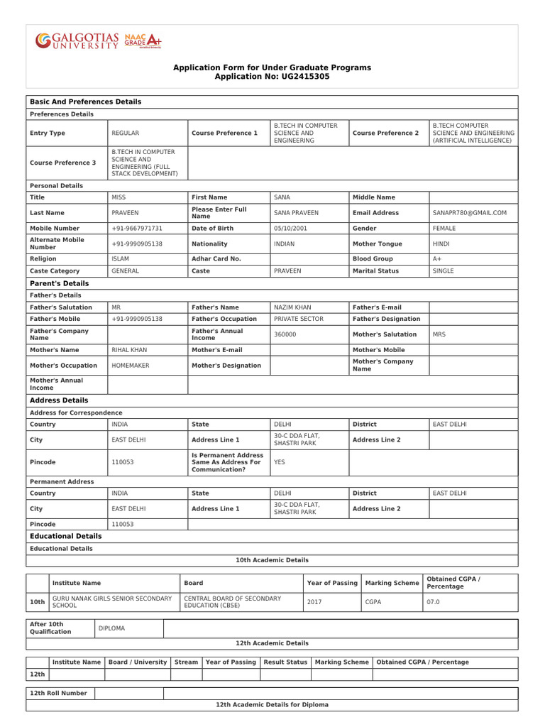 Undergraduate Application Form: B.Tech Programs | PDF | Educational Stages