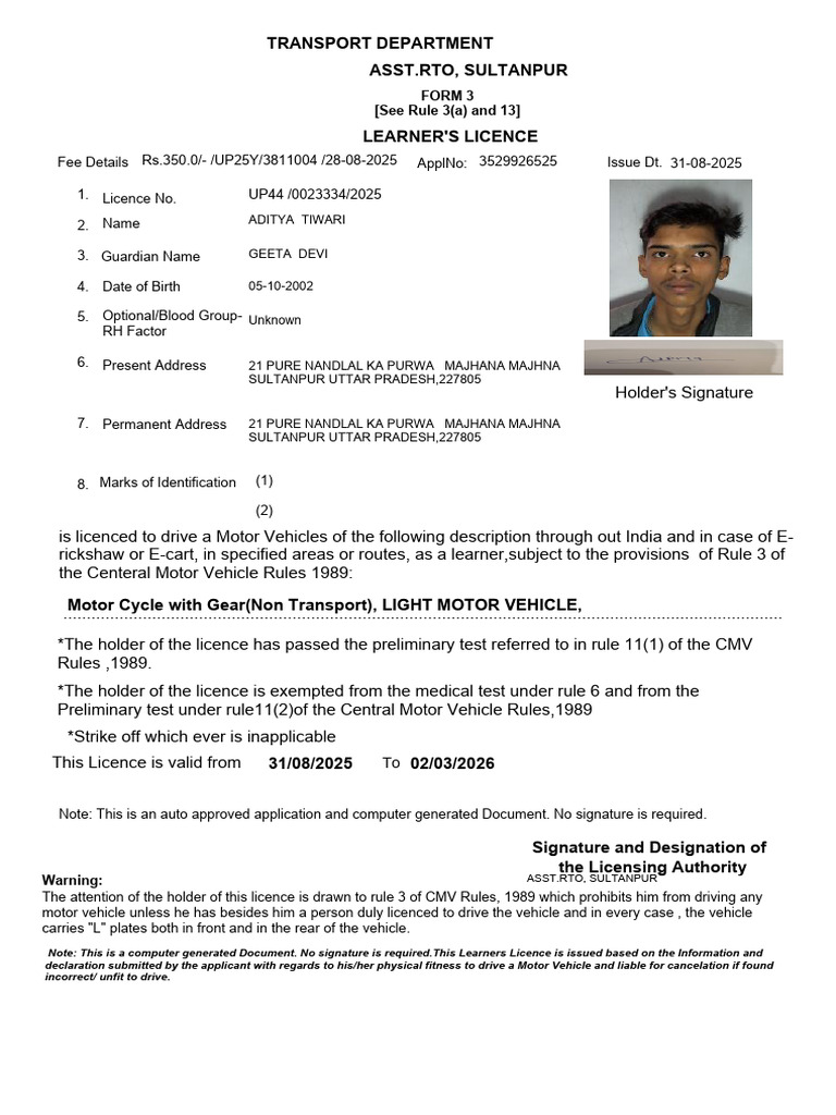 Asst - Rto, Sultanpur Transport Department: Form 3 (See Rule 3 (A) and ...
