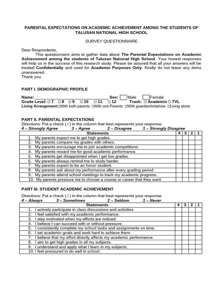 Parental Expectations and Student Success | PDF | Questionnaire