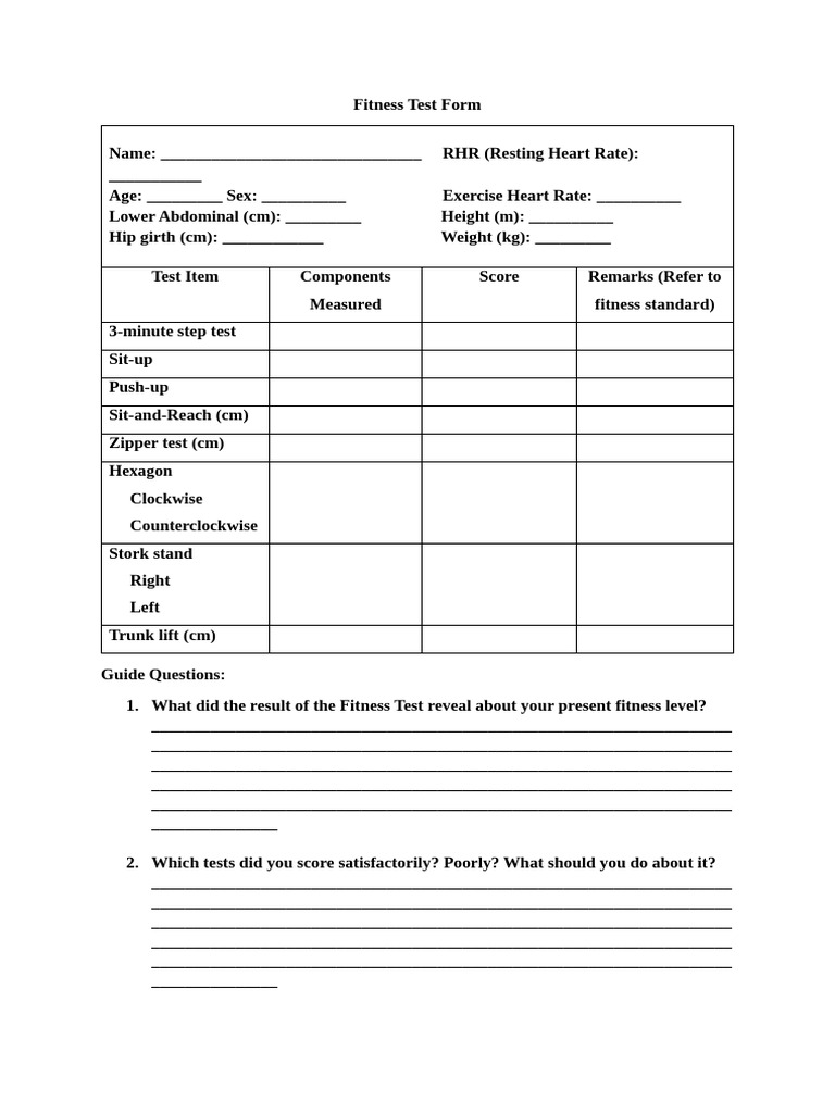 Comprehensive Fitness Test Form | PDF
