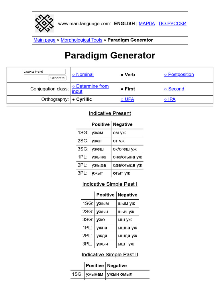 Conjugation of ''ужаш'' in Meadow Mari (mari-language.univie.ac.at) | PDF