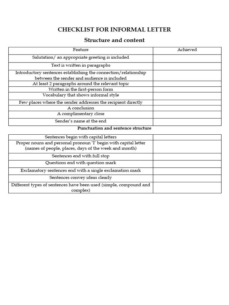 Checklist For Informal Letter | PDF