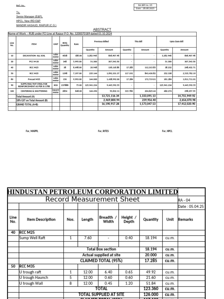Raipur RUB Project Bill Summary | PDF | Length | Distance