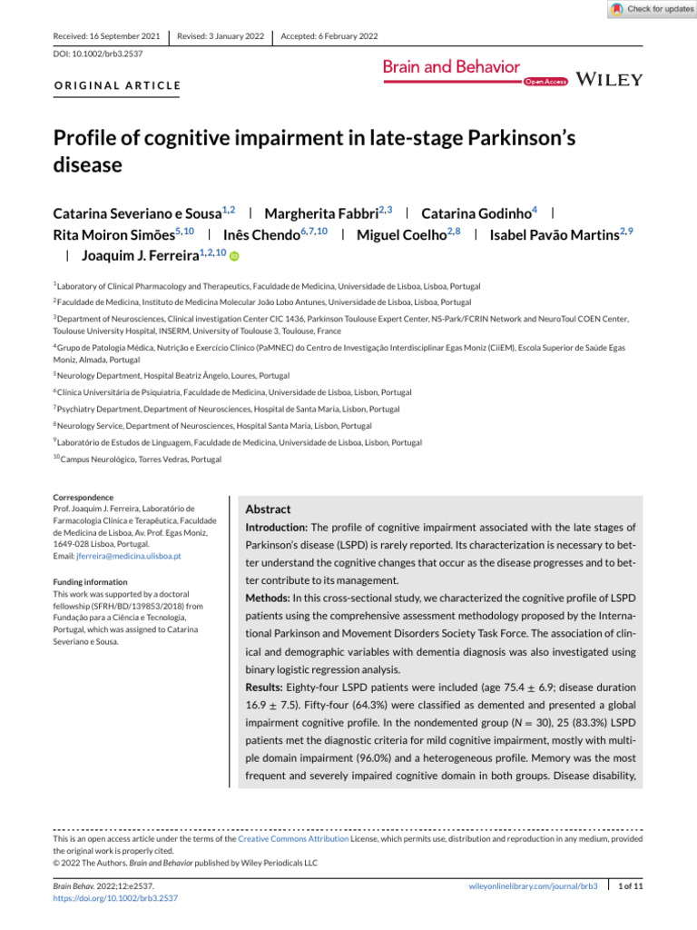 Cognitive Impairment in Late-Stage Parkinson's | PDF | Dementia ...