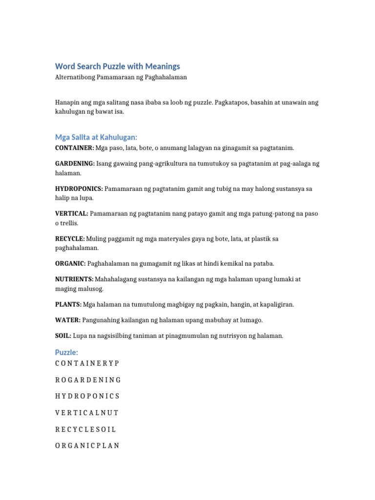 WordSearch Puzzle With Meanings | PDF