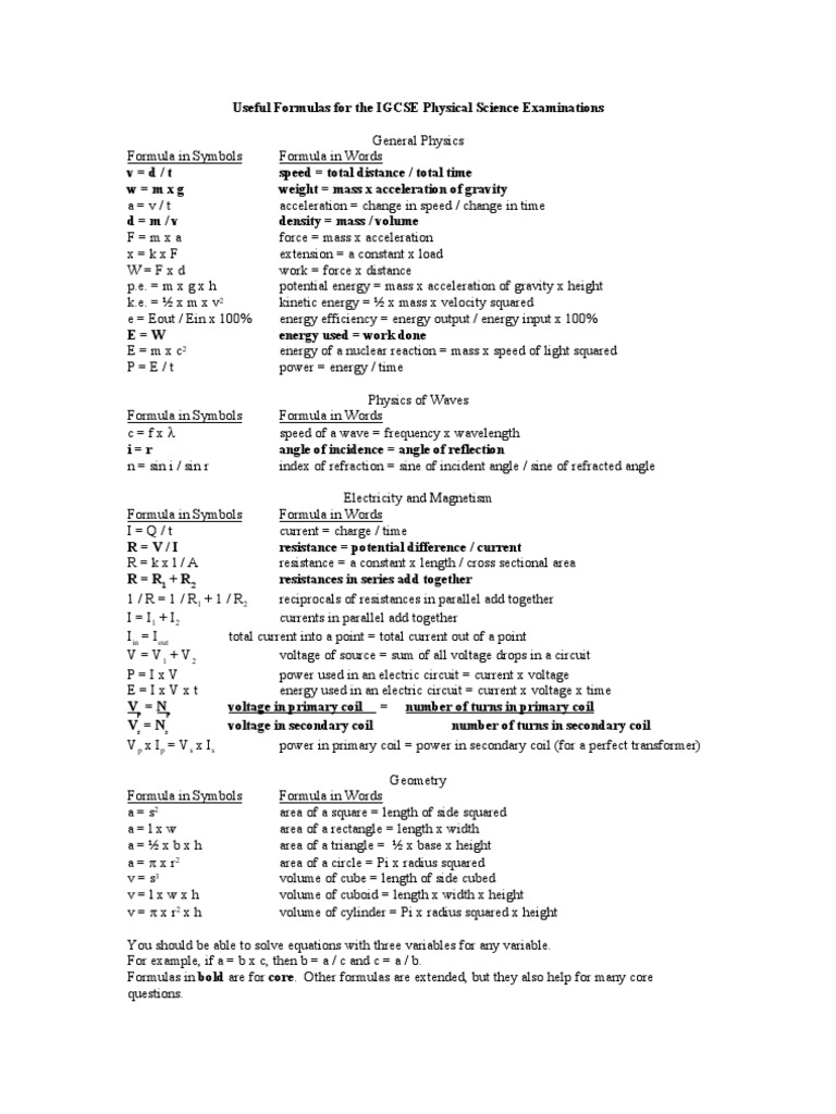 IGCSE Physics Formulas Inductor Area