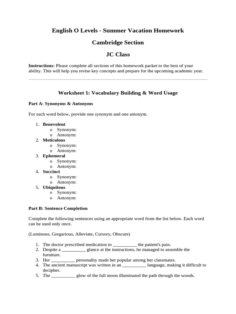 O Level English Summer Homework Guide | PDF | Linguistics | Grammar