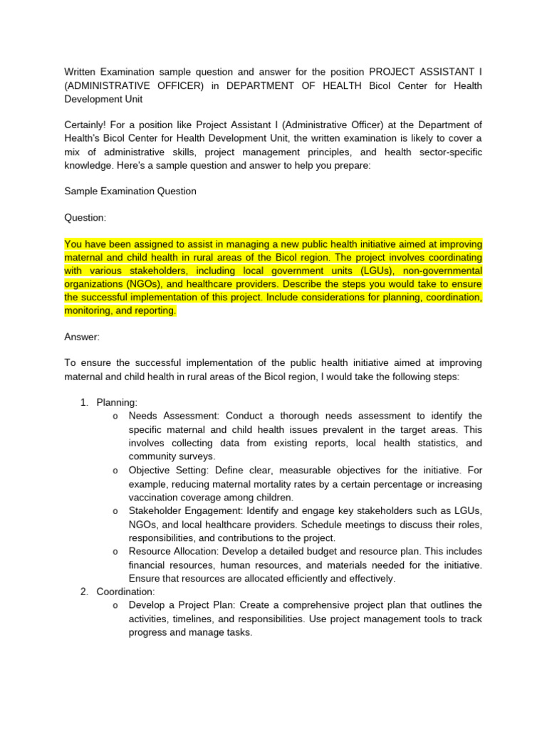 Project Assistant I Exam Guide: Health Sector | PDF | Project ...