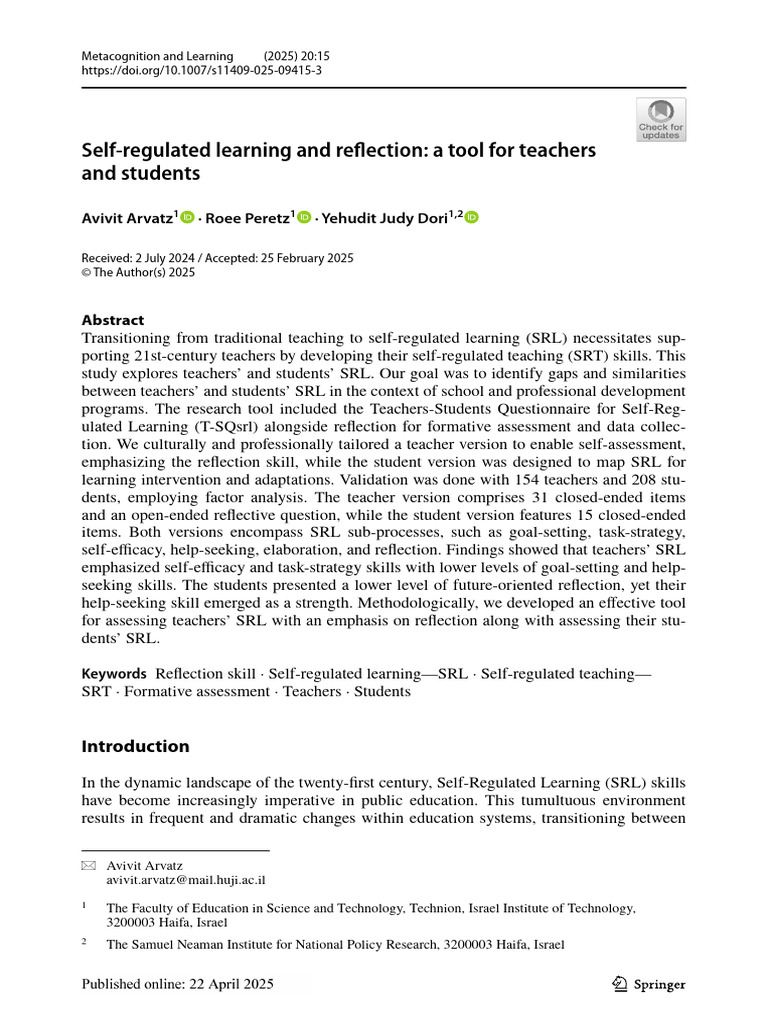 Self-Regulated Learning and Reflection A Tool For Teachers and Students ...