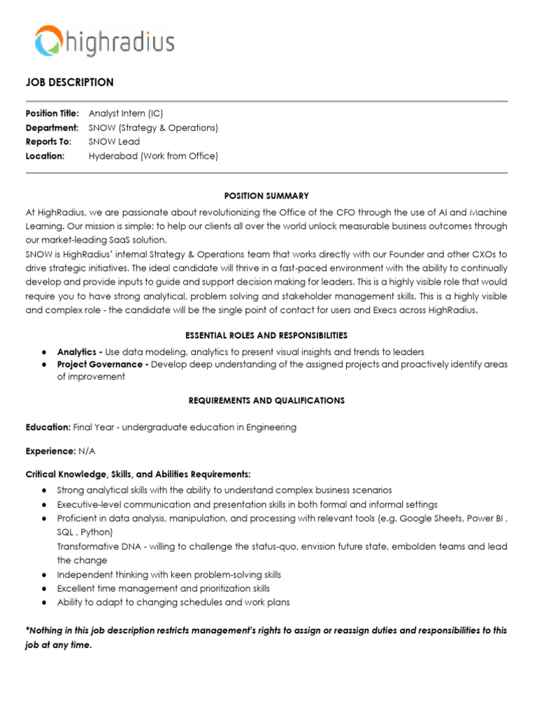 Job Description: Position Title: Department: Reports To Location | PDF