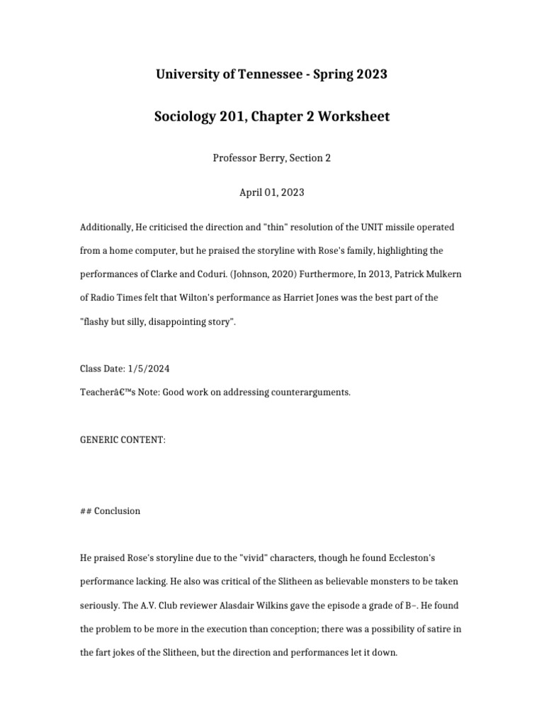 UT Sociology 201: Chapter 2 Worksheet | PDF | Doctor Who Stories ...