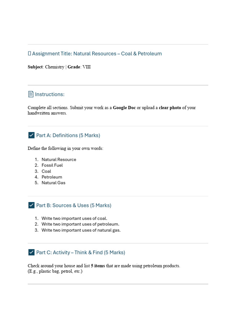 Assignment Title: Natural Resources - Coal & Petroleum: Subject Grade | PDF