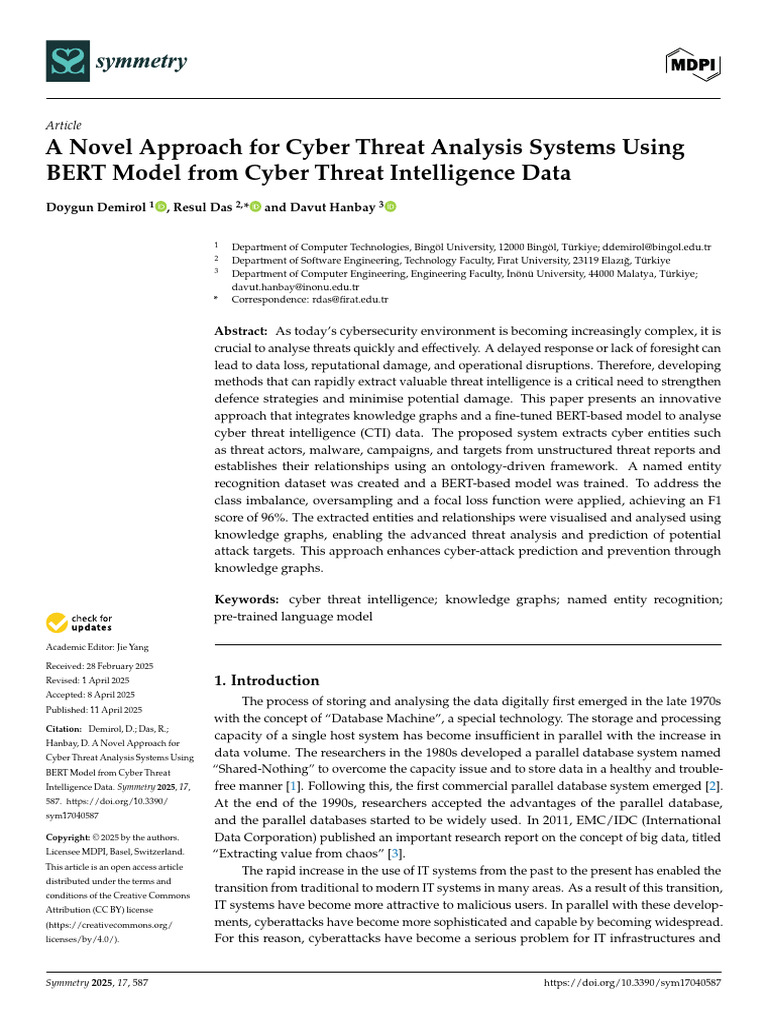 Cyber Threat Analysis with BERT Model | PDF | Computer Security | Security
