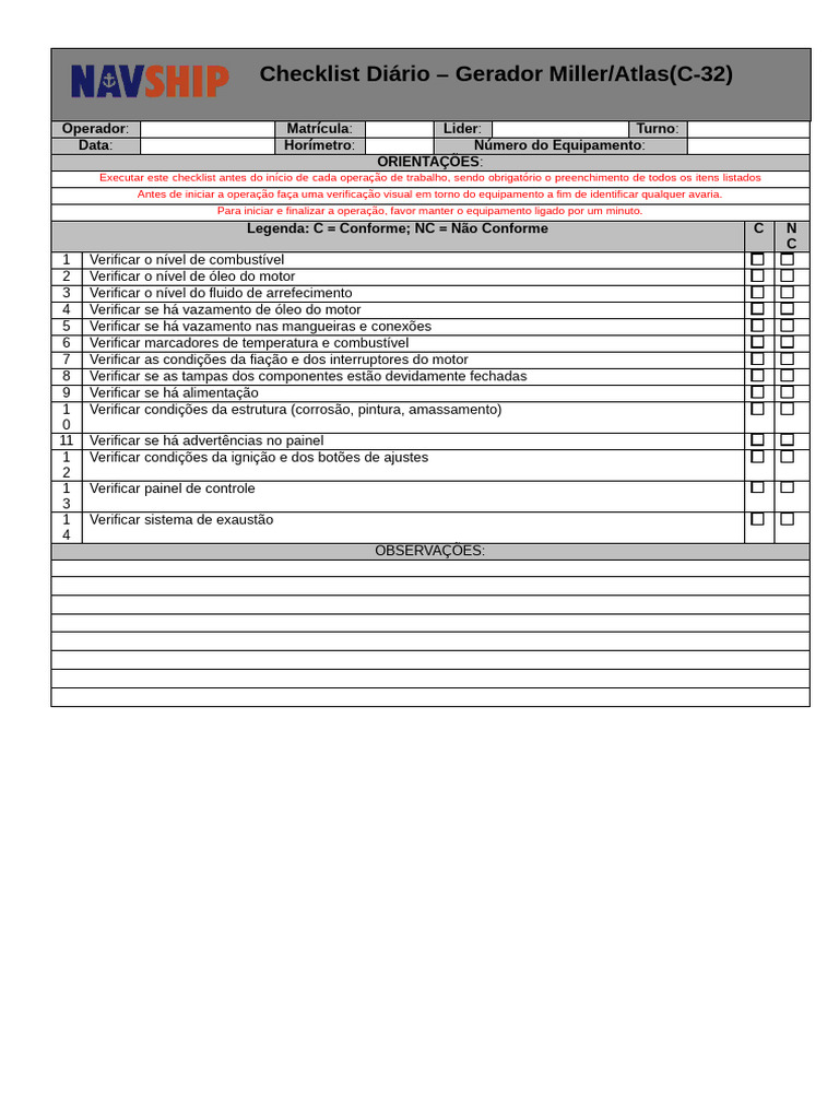 Checklist Diário do Gerador Miller/Atlas | PDF