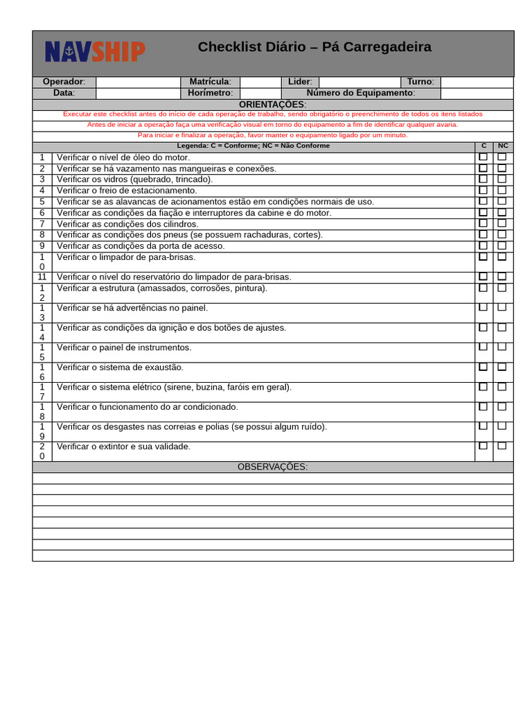Checklist Diário para Pá Carregadeira | PDF