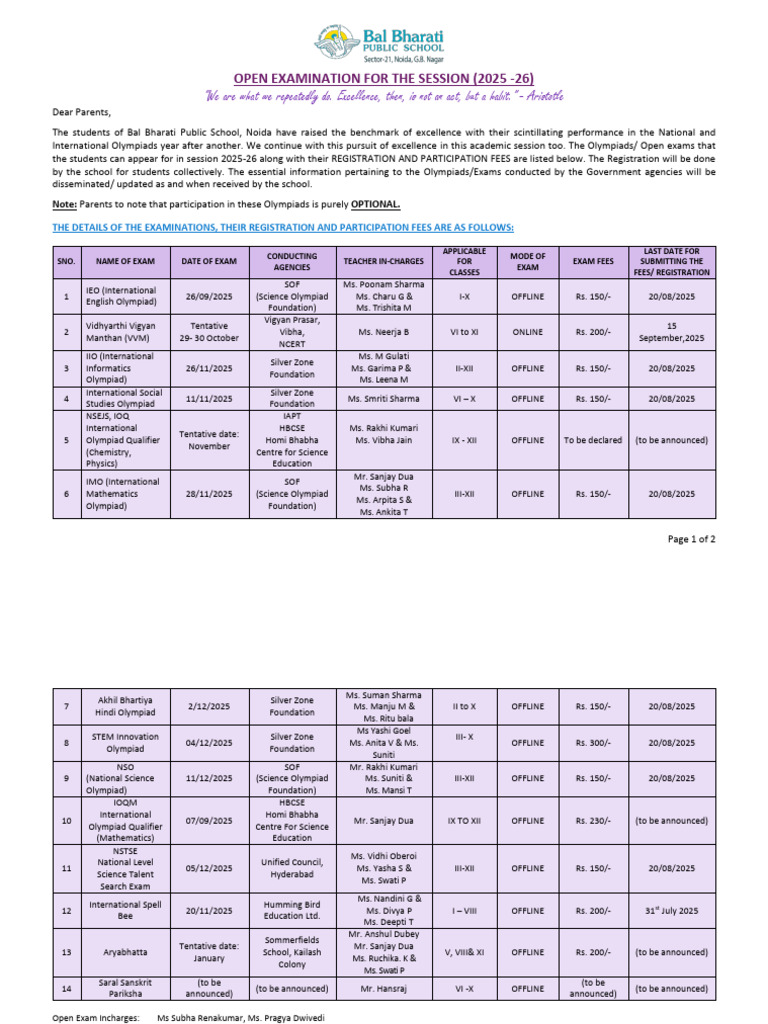 Open Exams Overview for 2025-26 | PDF