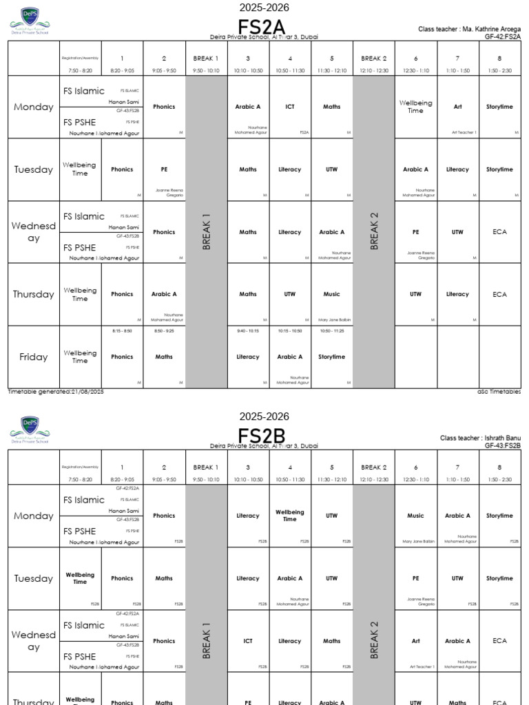 Deira Private School Timetable 2025-2026 | PDF | Written Communication ...