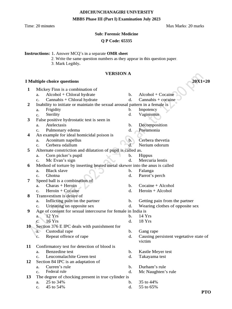 Forensic Medicine MBBS Exam Questions | PDF
