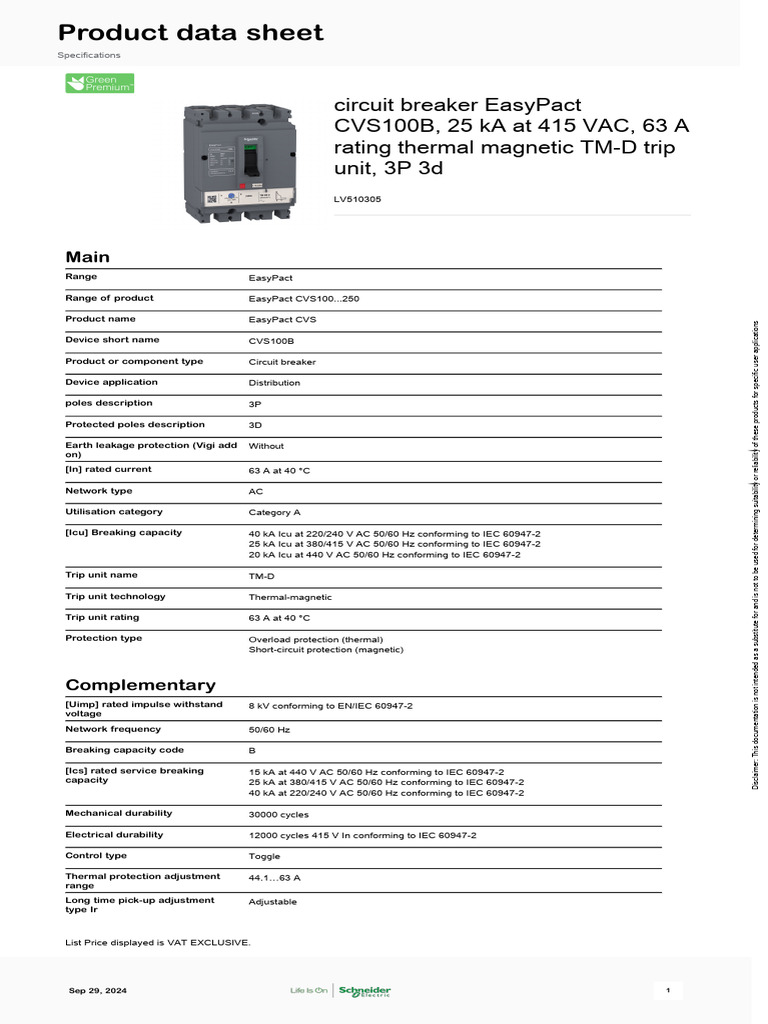 EasyPact CVS100B Circuit Breaker Specs | PDF | Alternating Current ...