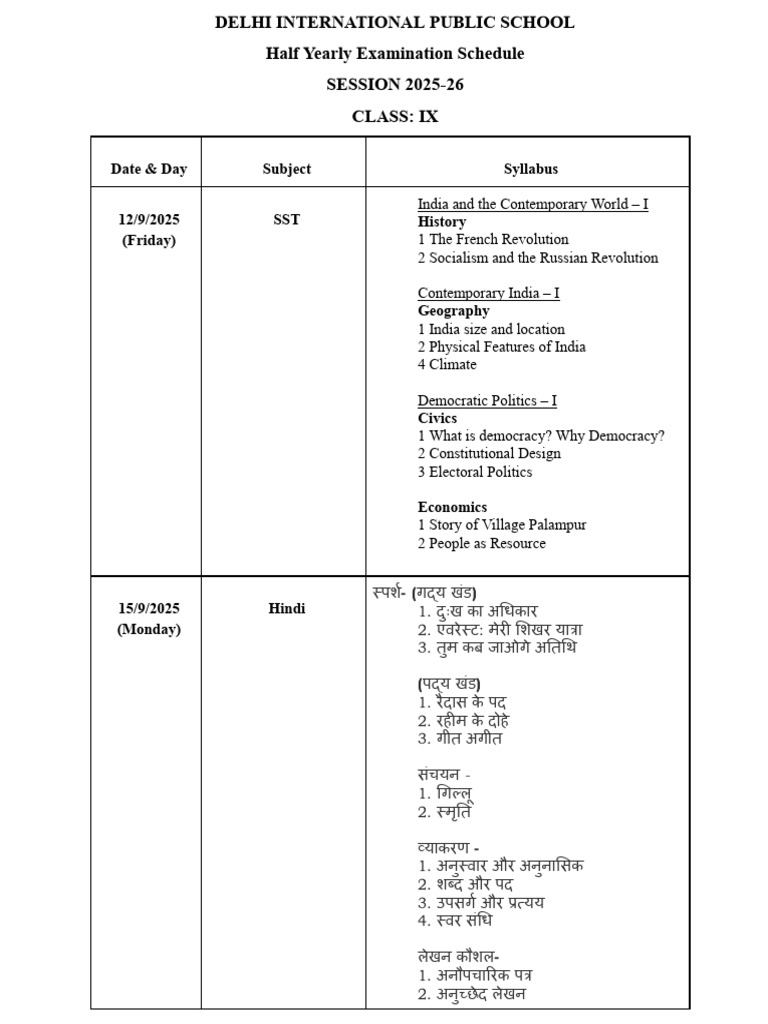 Class IX Half Yearly Exam Schedule 2025-26 | PDF