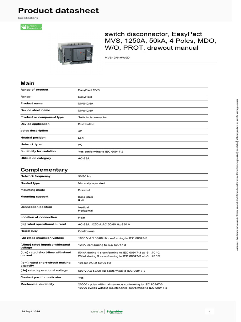 EasyPact MVS 1250A Switch Disconnector | PDF | Alternating Current ...