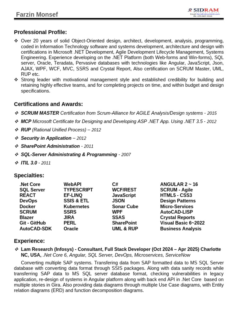 Full Stack Developer Profile: Farzin Monsef | PDF | Microsoft Sql ...