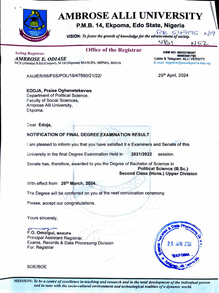 Final Degree Result Notification - AAU | PDF | Academic Degree