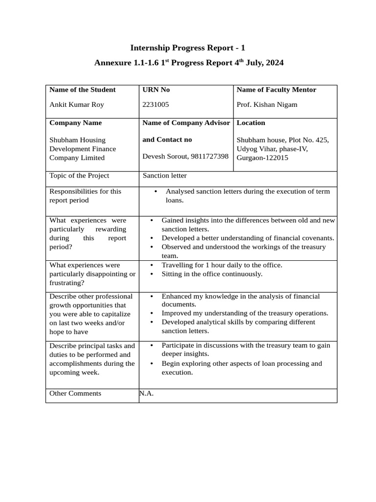 Internship Progress Report: Ankit Roy | PDF