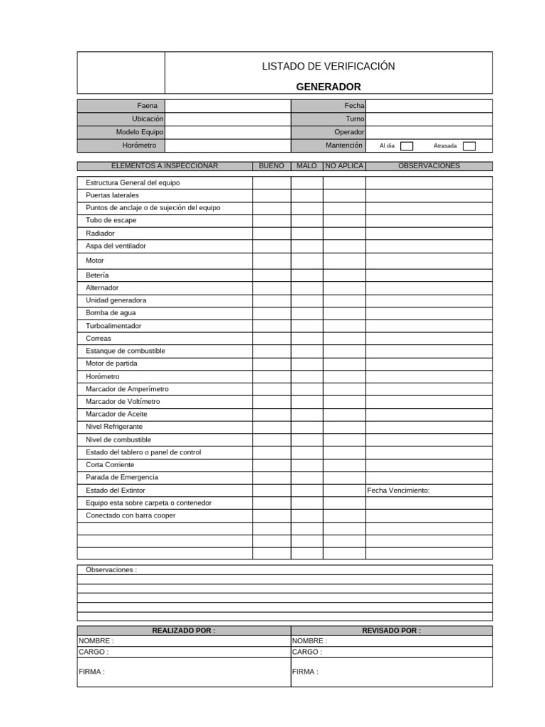 Checklist de Inspección de Generadores | PDF