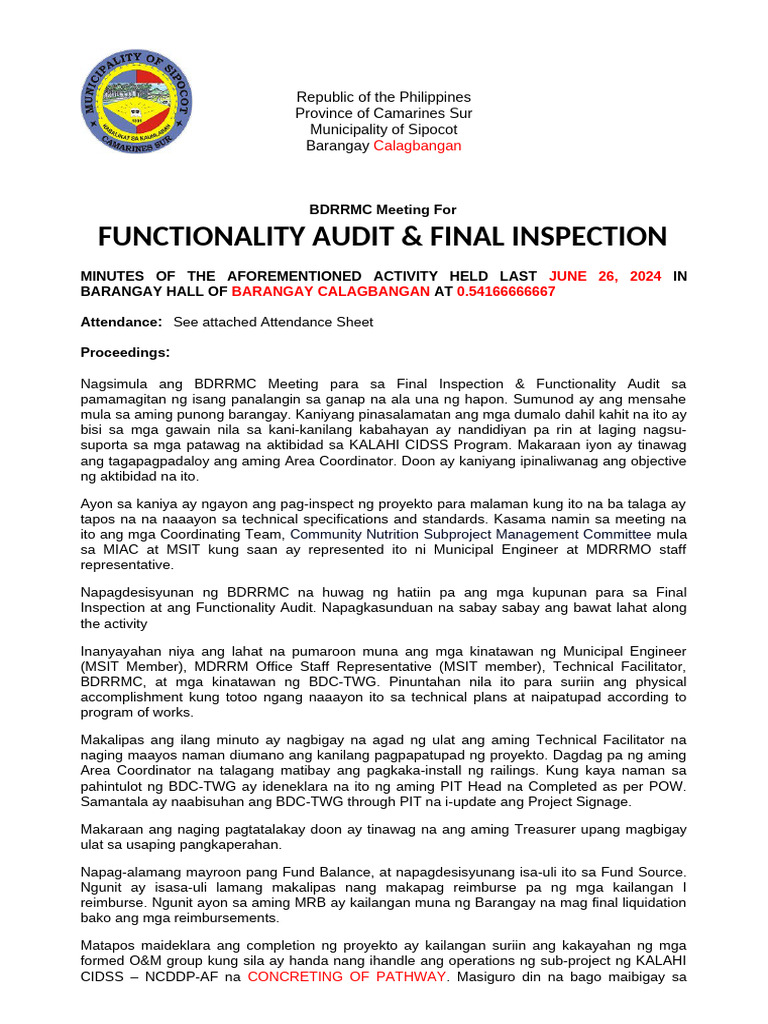 Af Final Inspection and Fa Minutes Format | PDF
