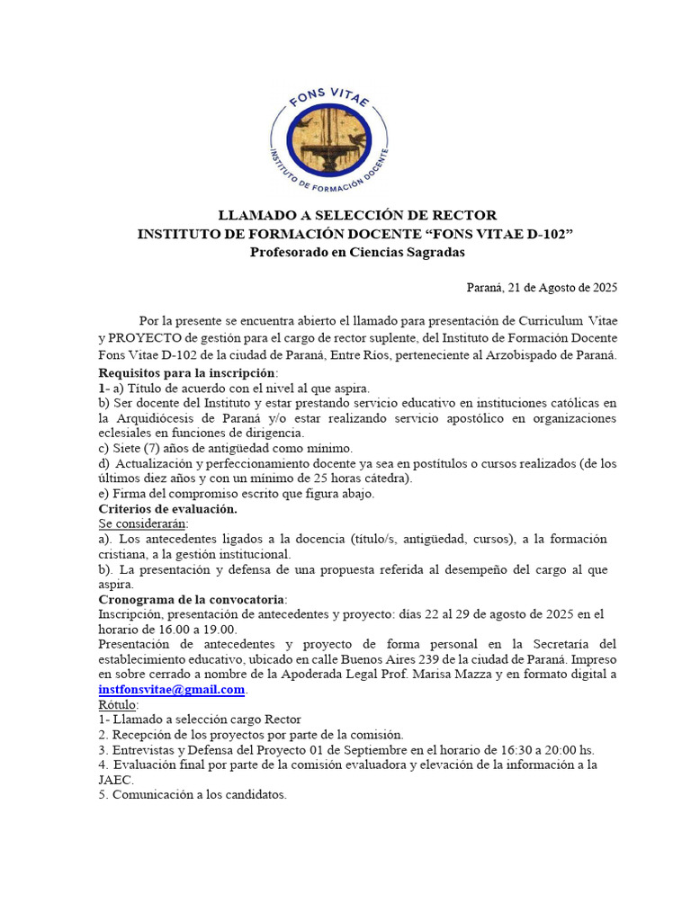 Convocatoria para Rector en Fons Vitae | PDF | Maestros