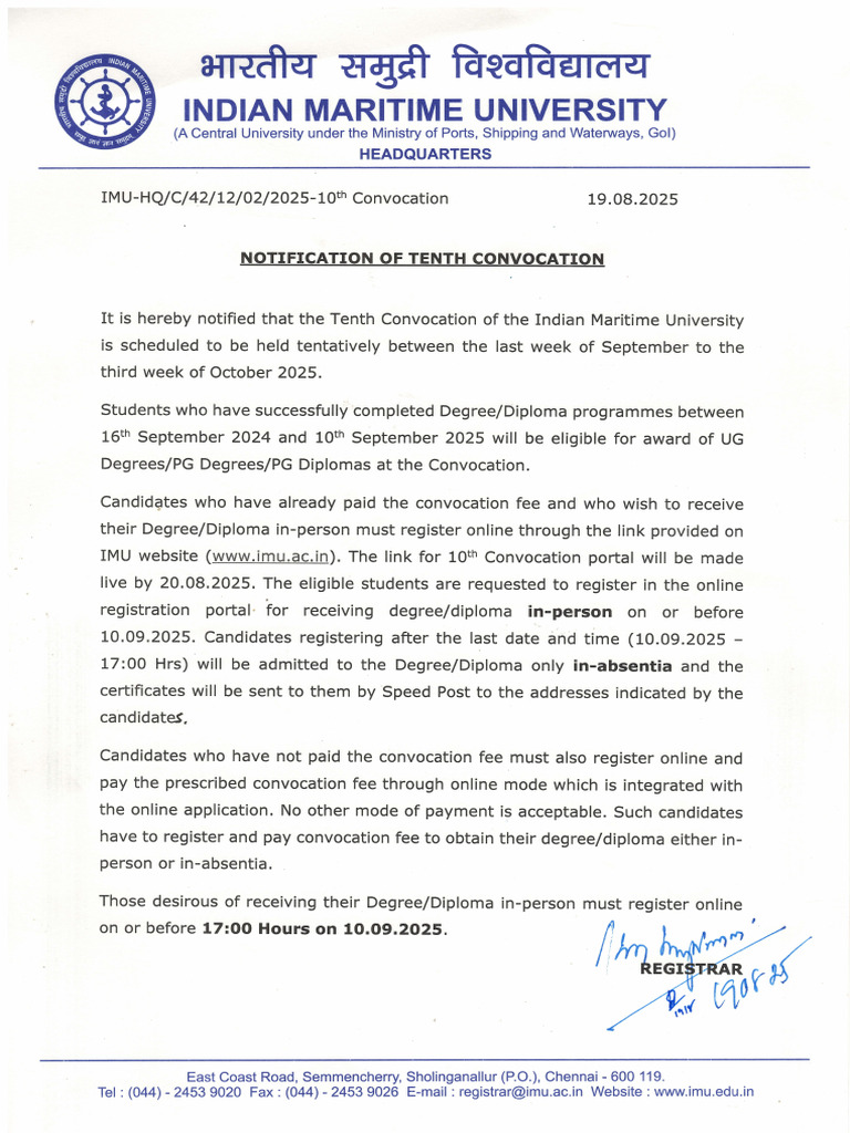 IMU 10th Convocation Registration Notice | PDF