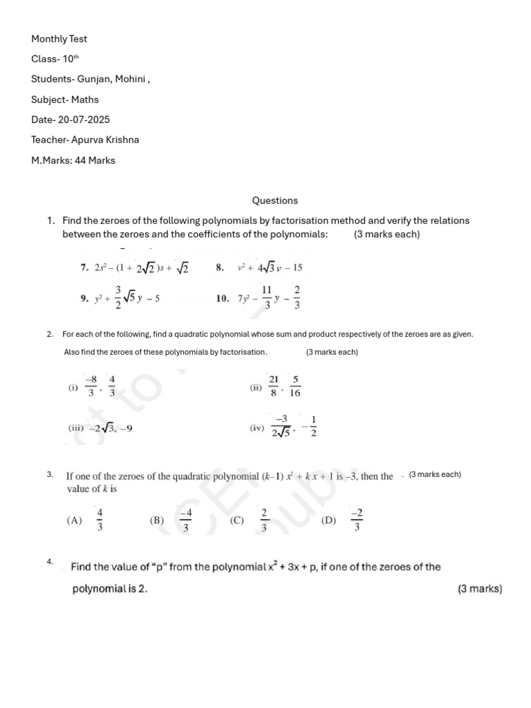 Class 10 Maths Monthly Test Questions | PDF