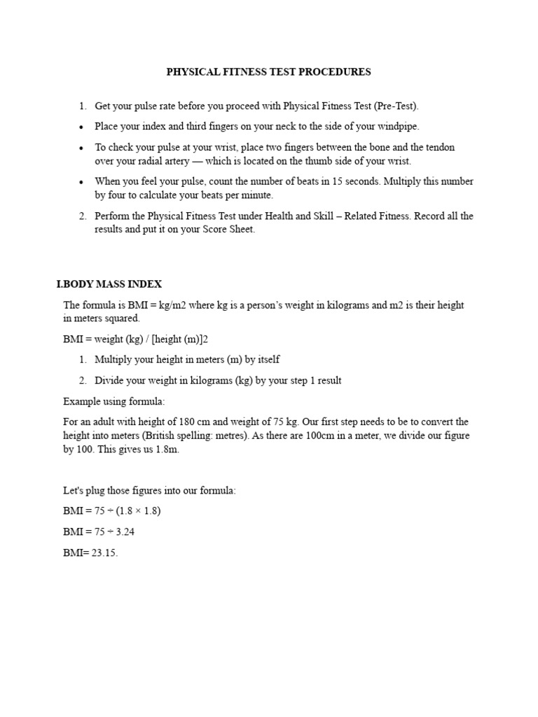 Physical Fitness Test Procedures | PDF | Body Mass Index